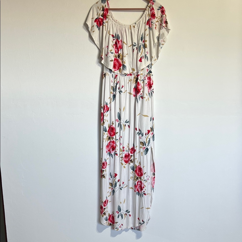 Floral Off-Shoulder Maxi Dress in Cream and Pink